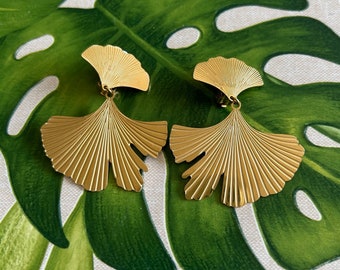 Art Nouveau style golden gingko clip earrings, stylized flower, beautiful quality gift idea for women, gift box, fast shipping