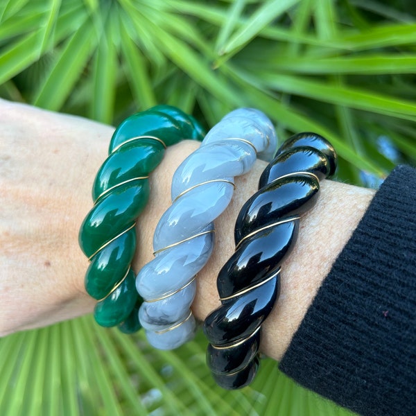 Bracelet jonc torsadé style A. Bidermann vintage bakelite noir vert bleu gris creme, idée cadeau femme, envoi rapide 2 jours