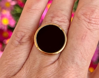 Bague ronde dorée et noire, style Ginette NY, belle qualité, disc ring, anneau or ou argent, idée cadeau femme anniversaire, envoi rapide