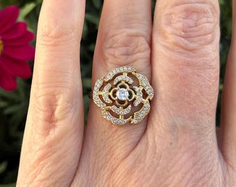 Gold-tone camellia flower ring with rhinestones, romantic, chic, rare, high quality, adjustable ring, birthday gift idea