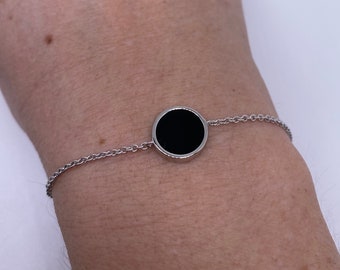 Bracelet argent massif disque d’onyx noir style Ginette, bijou femme, idée cadeau, bijou argent