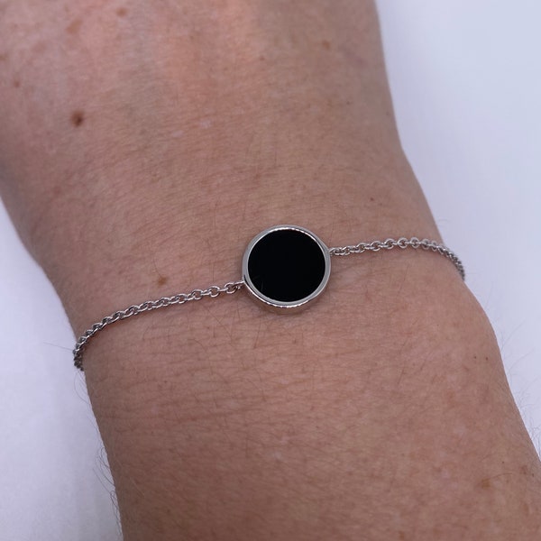 Bracelet argent massif disque d’onyx noir style Ginette, bijou femme, idée cadeau, bijou argent