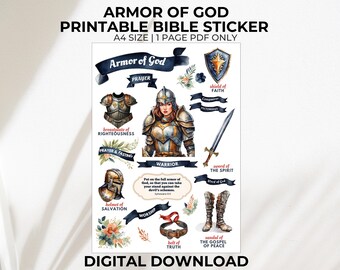 Pegatinas imprimibles de la armadura de Dios, diario bíblico, pegatinas para diario cristiano, guerra espiritual, decoración para estudios bíblicos