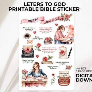 May include: Printable Bible stickers featuring watercolor illustrations of roses, typewriters, and women writing letters. The stickers include Bible verses and phrases like "My Love", "Letters to God", "Jesus, Lover of my soul", "You are my refuge and my strength", "Your love sustains me every day", and "In your presence, I find peace".