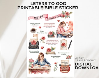 May include: Printable Bible stickers featuring watercolor illustrations of roses, typewriters, and women writing letters. The stickers include Bible verses and phrases like "My Love", "Letters to God", "Jesus, Lover of my soul", "You are my refuge and my strength", "Your love sustains me every day", and "In your presence, I find peace".
