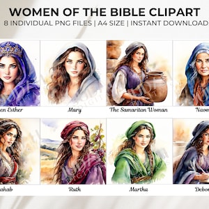 Imágenes prediseñadas de mujeres de la Biblia: Rut, la reina Ester, María, la mujer samaritana, Noemí, Rahab, Marta y Débora - Imágenes prediseñadas para diario bíblico