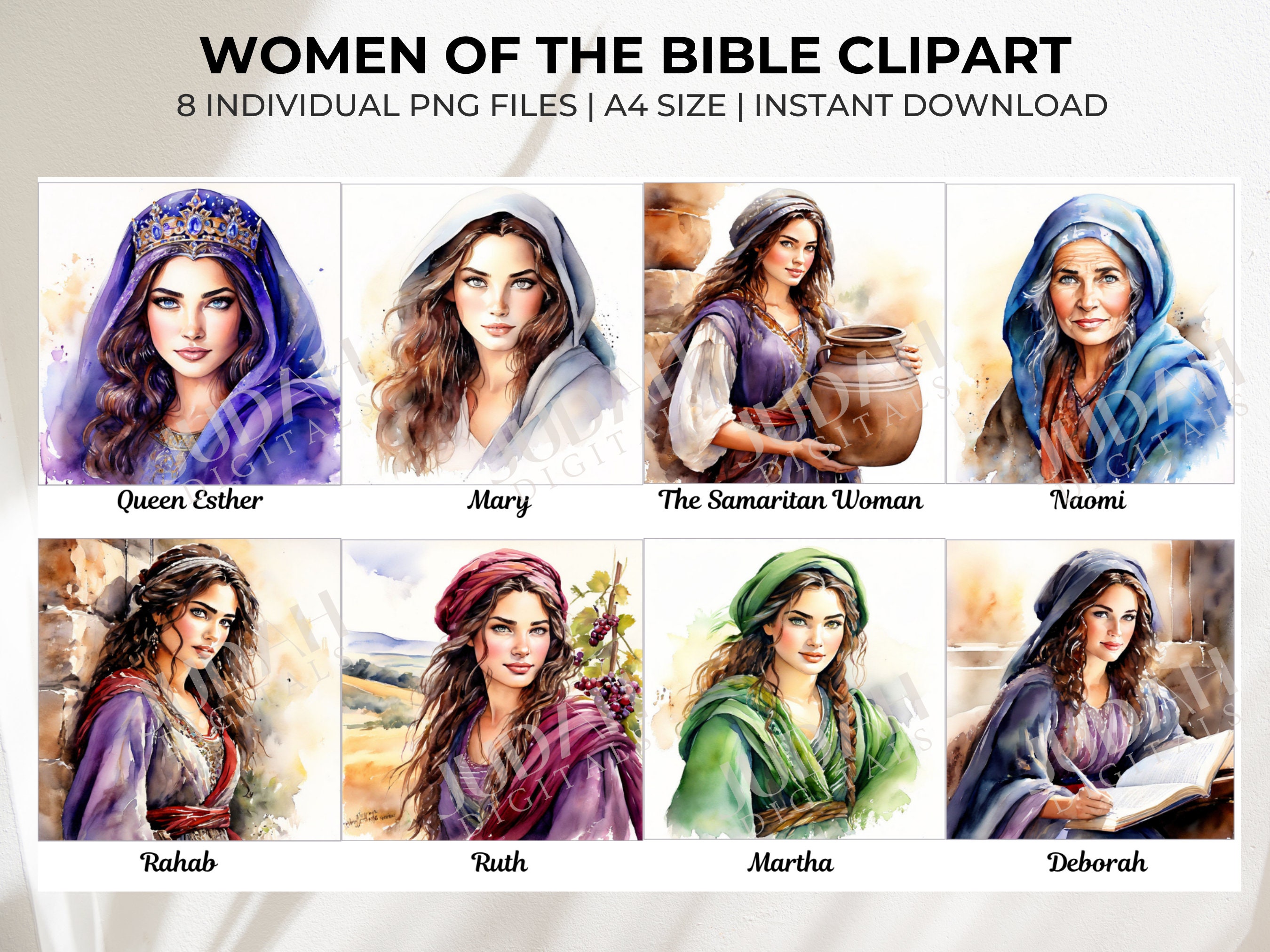 Women of the Bible Clip Art Bundle Ruth, Queen Esther, Mary, Samaritan Woman, Naomi, Rahab, Martha, Deborah - Bible Journaling Clip Art
