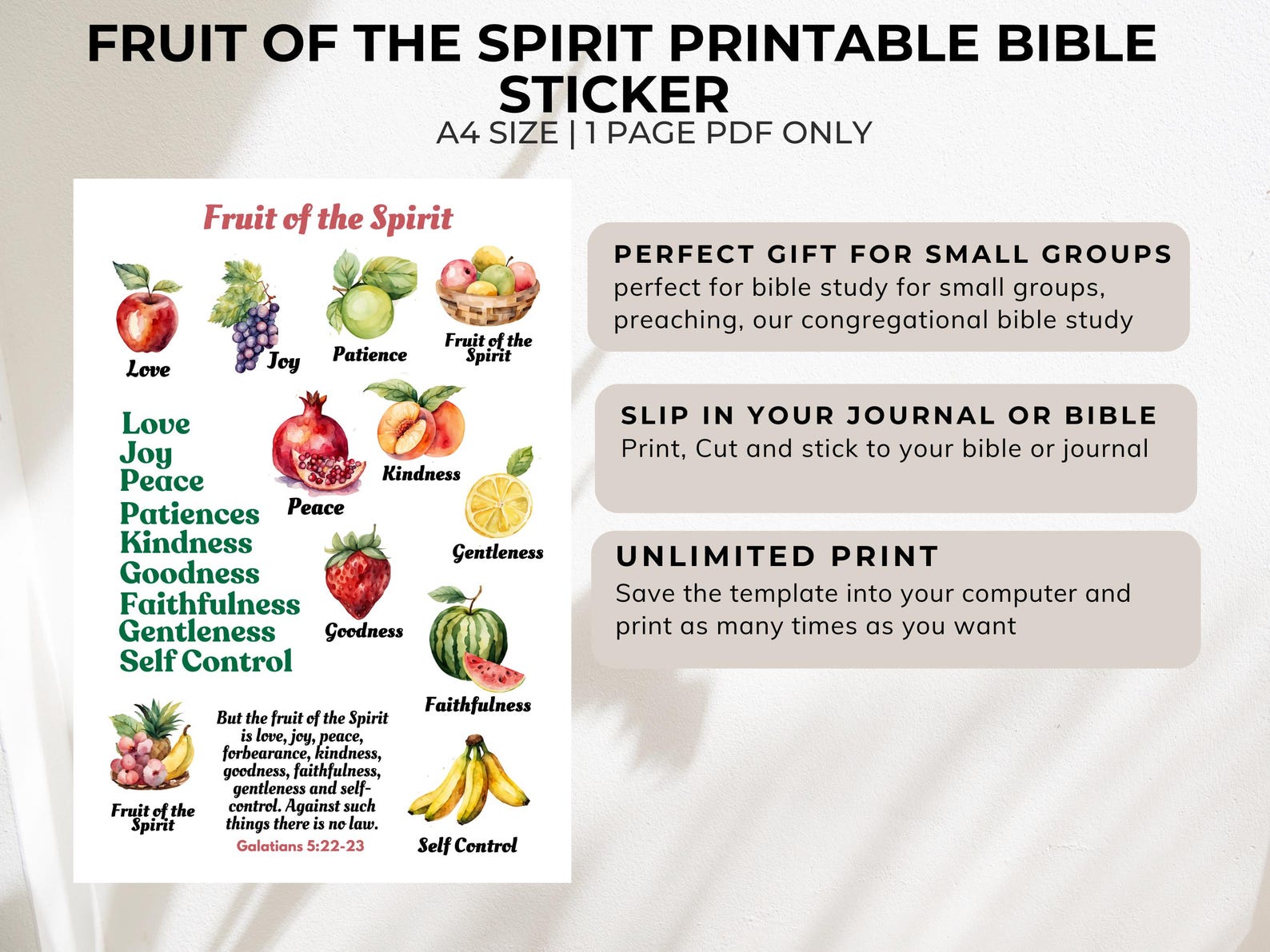 Fruit of the Spirit Bible Printable Sticker A4, Christian Bible Journal ...