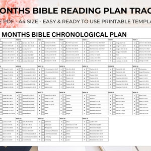 May include: A printable Bible reading plan tracker for 6 months. The plan is chronological and includes a list of books and chapters to read each week. The tracker is designed for easy use and includes a title that says "6 Months Bible Chronological Plan".