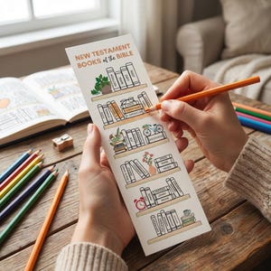 Könnte beinhalten: Eine Person malt mit einem orangefarbenen Bleistift einen Lesezeichen mit der Aufschrift "NEW TESTAMENT BOOKS of the BIBLE" aus. Das Lesezeichen zeigt ein Bücherregal-Design mit Buchtiteln und dekorativen Elementen. Buntstifte und ein offenes Buch sind ebenfalls zu sehen.