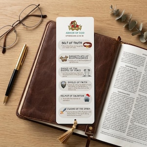 Könnte beinhalten: Ein Lesezeichen mit dem Text "Armor of God" und Illustrationen von "Gürtel der Wahrheit", "Brustpanzer der Gerechtigkeit", "Schuhe des Evangeliums des Friedens", "Schild des Glaubens", "Helm des Heils" und "Schwert des Geistes".