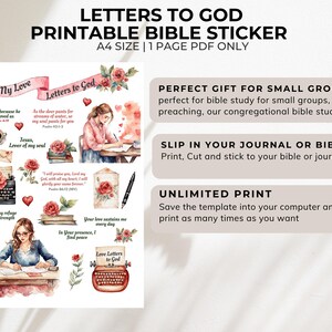 May include: Printable Bible stickers with watercolor illustrations of women writing letters to God. The stickers feature quotes from the Bible, such as "As the deer pants for streams of water, so my soul pants for you." and "Your love sustains me every day." The stickers are perfect for journaling, Bible study, or adding a personal touch to your Bible.