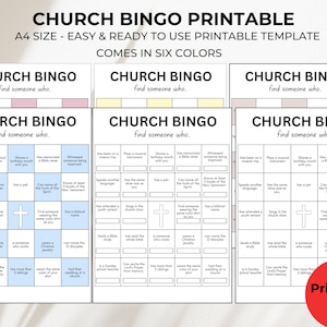 Kerkbingo afdrukbare A4-pdf, ijsbreker voor jeugdactiviteit en bijbelstudie | 6 kleurrijke bingolay-outs | Direct downloaden