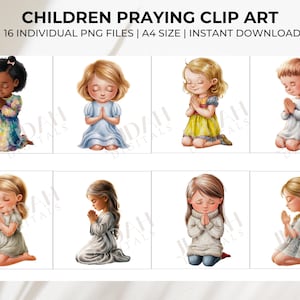 16 Clipart di bambini che pregano, Clipart di ragazza che prega con acquerello, Clipart di fede cristiana, Clipart di gratitudine devozionale, Arte dei versetti della Bibbia