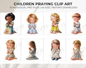16 Praying Children Clipart, Watercolor Praying Girl Boy Clipart, Christian Faith Clipart, DevotionalGratitude Clipart, Bible Verse Art