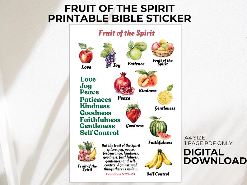 Fruit of the Spirit Bible Printable Sticker A4, Christian Bible Journal ...