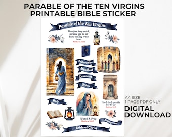 Parable of the 10 Virgins Bible Printable Sticker A4 PDF, Bible Journaling, Christian Journal Stickers, Faith Sticker
