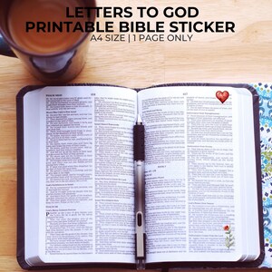 May include: Printable Bible sticker sheet with the text "Letters to God Printable Bible Sticker A4 Size | 1 Page Only". The sticker sheet features a red heart, a flower, and a pen on an open Bible.