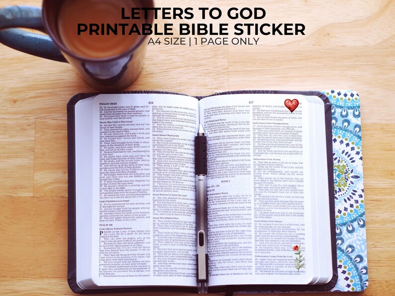 May include: Printable Bible sticker sheet with the text "Letters to God Printable Bible Sticker A4 Size | 1 Page Only". The sticker sheet features a red heart, a flower, and a pen on an open Bible.