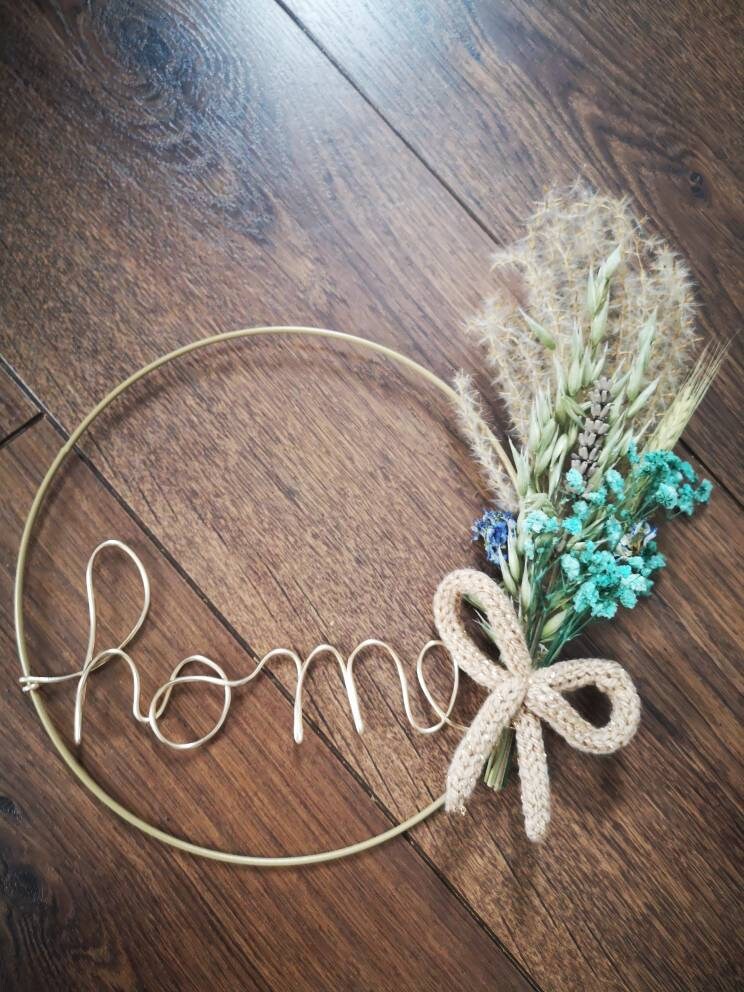 Couronne de Fleurs Séchées Home et Noeud en Tricotin