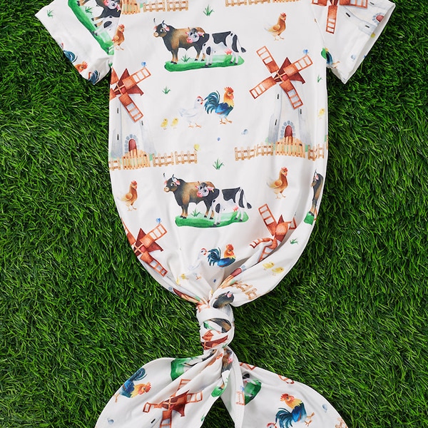 Baby Girls Boys Knotted Newborn Gown Farm Animals Cows Chickens Windmill Floral Baby Chicks