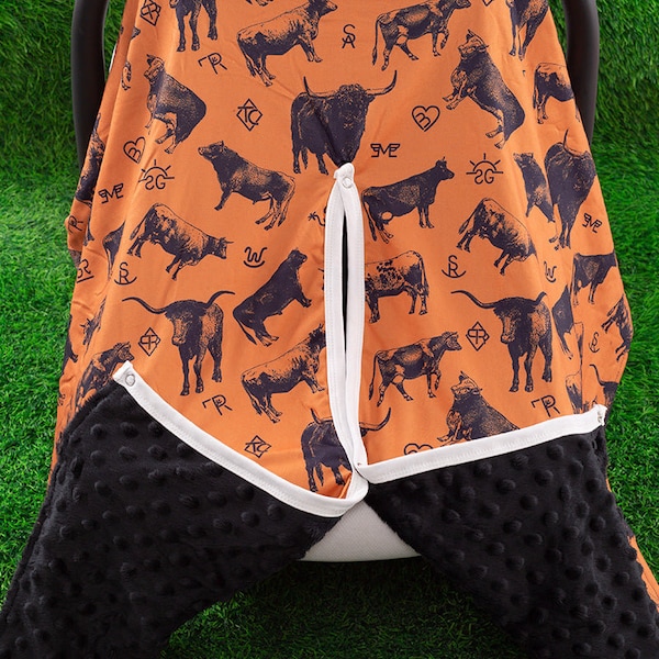 Cow, Steer, Bull, Brands, Western, Rodeo, Burnt Orange, Minky Baby Boy Car Seat Cover