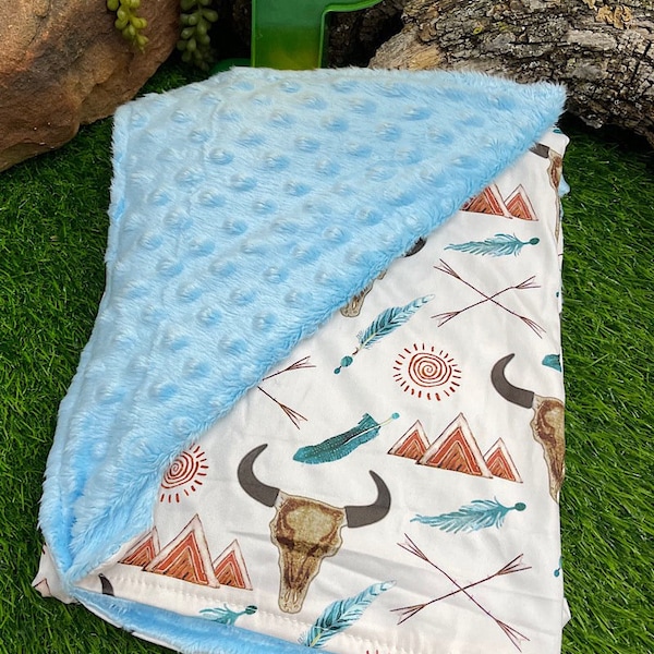 Western, Rodeo, Cow Skull, Indian Feather, Minky Baby Blanket Boy Girl, Baby Blue