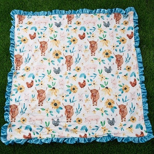 Girls Highland Cow Scottish Cow Sunflower Chicken Pig Farm Animal Minky Baby Blanket