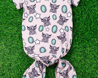 Aztec Baby Girls Newborn Knotted Gown Turquoise Cow Print Concho Highland Cow Western