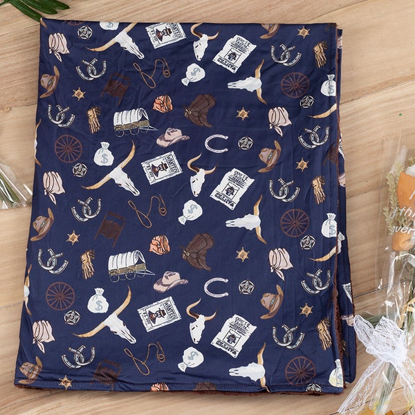 Cowboy, Old West, Cow Skull, Wanted, Navy, Brown, Western, Minky Baby Blanket