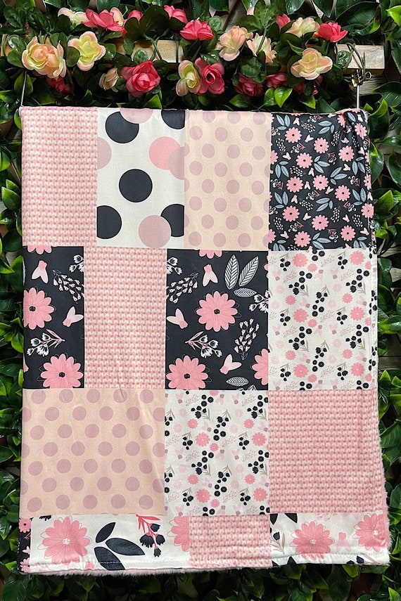 Girl Black Pink Polka Dot Floral Minky Baby Blanket