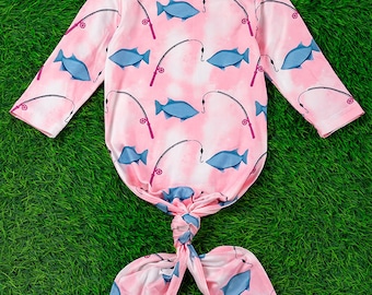Baby Girls Newborn Knotted Gown Pink Fishing