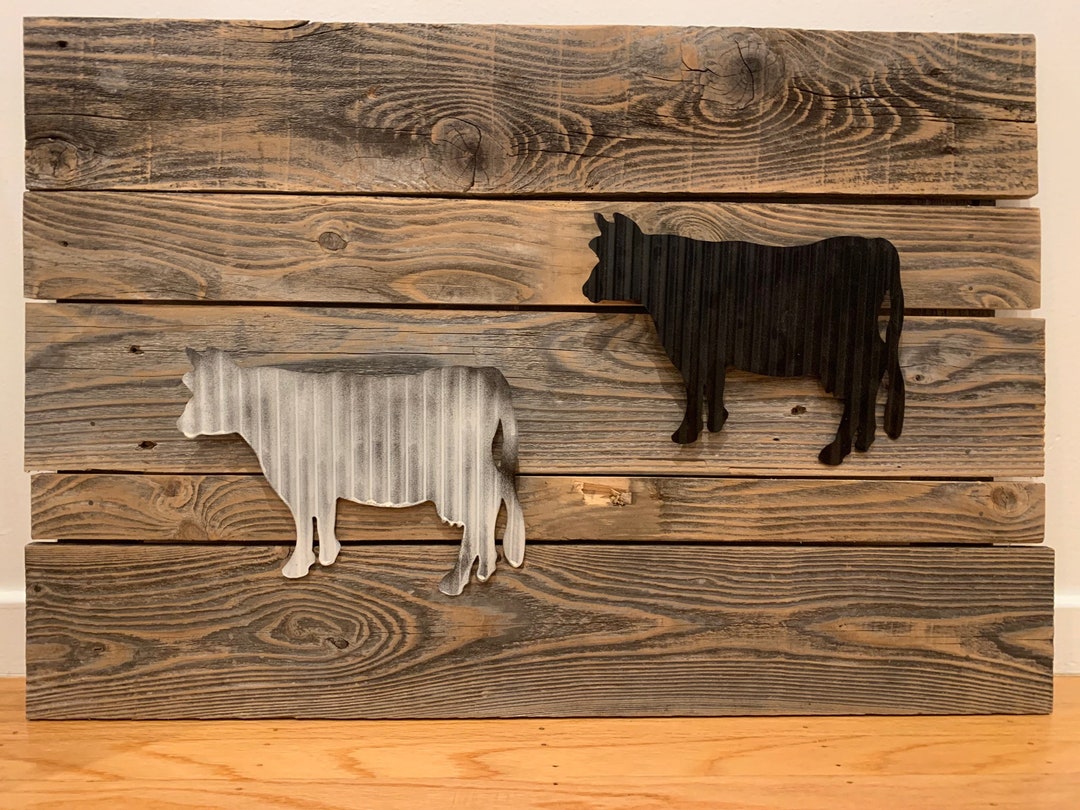 Rustic Reclaimed Wood Corrugated Metal Cow Wall Art Etsy