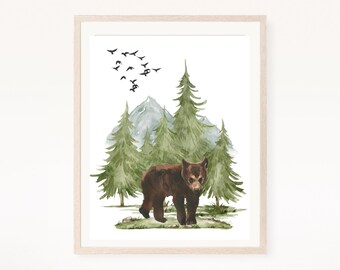 Cub In Woods Print, Woodland Nursery Print, Boy Wall Art Decor, Forest Print, Nursery Digital Art, Bear Cub Print, Baby Bear, Little Bear
