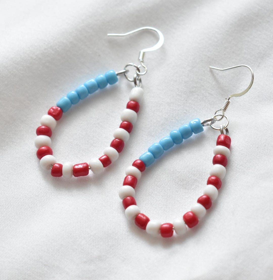 Handmade American Flag Earrings - Red White Blue Beaded Patriotic Jewelry