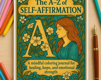 Könnte beinhalten: Ein Malbuch mit dem Titel "The A-Z of Self-Affirmation" mit einem türkis-goldenen Design. Das Cover zeigt eine Illustration einer Frau und florale Akzente. Farbstifte und ein Stift sind um das Journal angeordnet.