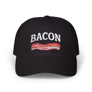Embroidered Dad Cap with Bacon Design, Funny Baseball Hat for Bacon Lovers, Adjustable Strap, Distressed Vintage Look, Brunch Accessory