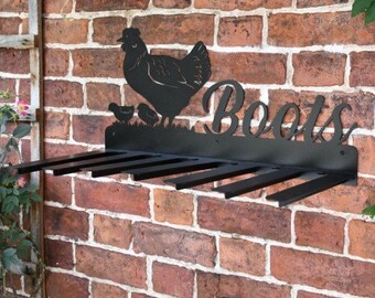 Wall Mounted Hen & Chicks Iron Boot Holder//Organiser/Shoe Storage/Countryside