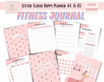 May include: A printable fitness journal bundle with pink and white pages. The cover features a pink background with a pattern of women exercising. The text "Fitness Journal" is in a pink and white retro font. The bundle includes pages for tracking workouts, meal planning, and goal setting.