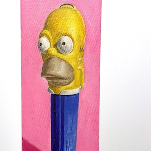 STAMPA - Dipinto ad olio PEZ dei Simpson "Delectamable" Distributore di caramelle Homer Simpson 12x4
