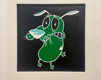 勇気の絵画「ネガティブな勇気」8x8 額装済み カーレッジ・ザ・カワーリー・ドッグ カートゥーンネットワーク