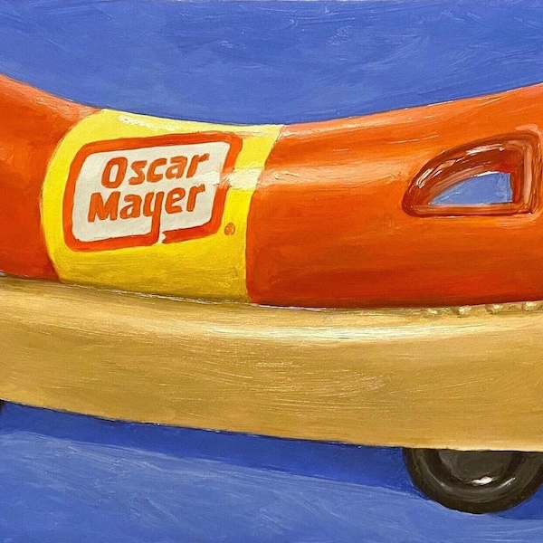 Weinermobile Pintura al óleo "Francamente" 6x12 Oscar Mayer Hot Dog Juguete Retro