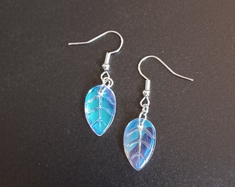 Iridescent clear leaf dangling drop earrings, with hypoallergenic and nickel free backs of your choice, leaf earrings