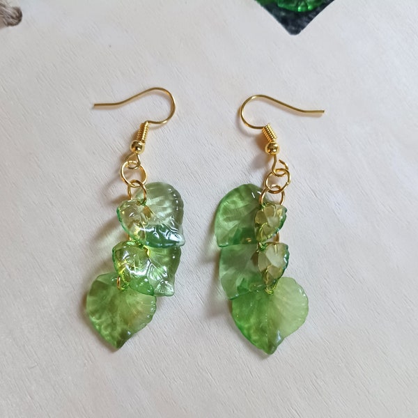 Lightweight gold green leaf vine ivy dangling drop earrings with hypoallergenic backs of your choice