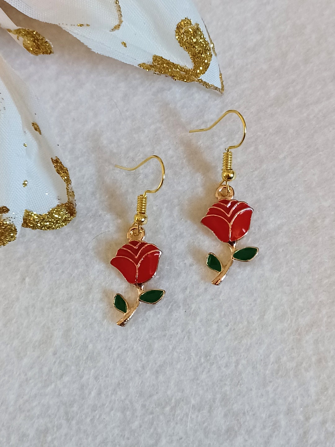 Red Rose Dangle Earrings With Hypoallergenic and Nickel Free Etsy