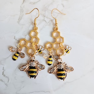 Statement Bee with honeycomb dangling drop earrings, bee earrings