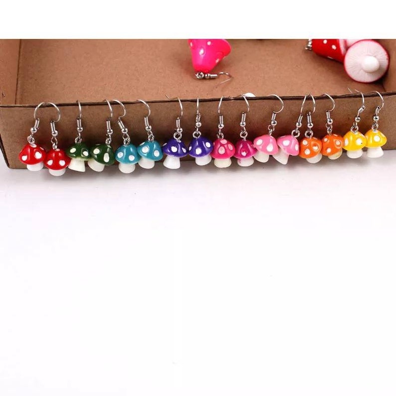 10 colors of mini mushroom earrings, magic mushroom earrings, hypoallergenic, your choice of earring backs 