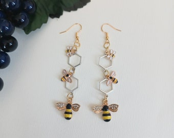 3 tier bee dangle drop earrings, bee earrings, hypeallergenic backs of your choice, statement earrings, nickel free,