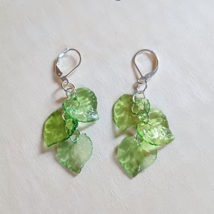 Lightweight Silver green leaf vine dangling drop earrings with hypoallergenic backs of your choice