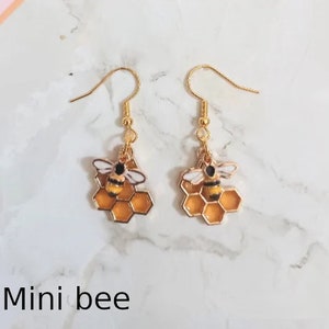 Choice of Bee with honeycomb dangling drop earrings, bee earrings, hypoallergenic and nickel free backs of your choice, mini bee earrings